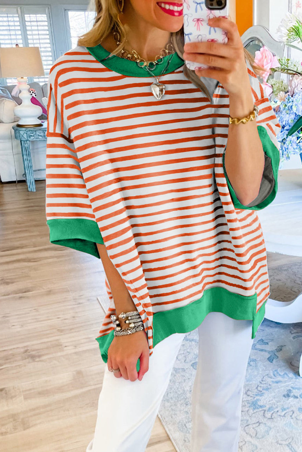 Pink Stripe Colorblock Drop Sleeve Oversized T Shirt