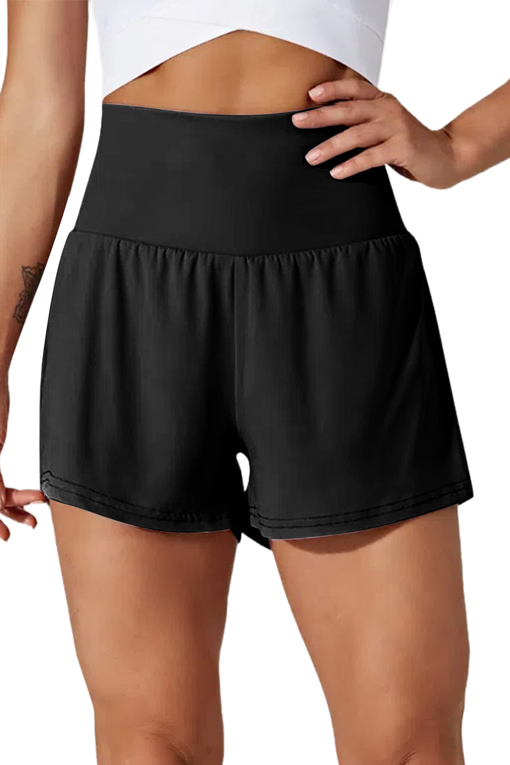 Black Pocketed High Waisted Swim Shorts