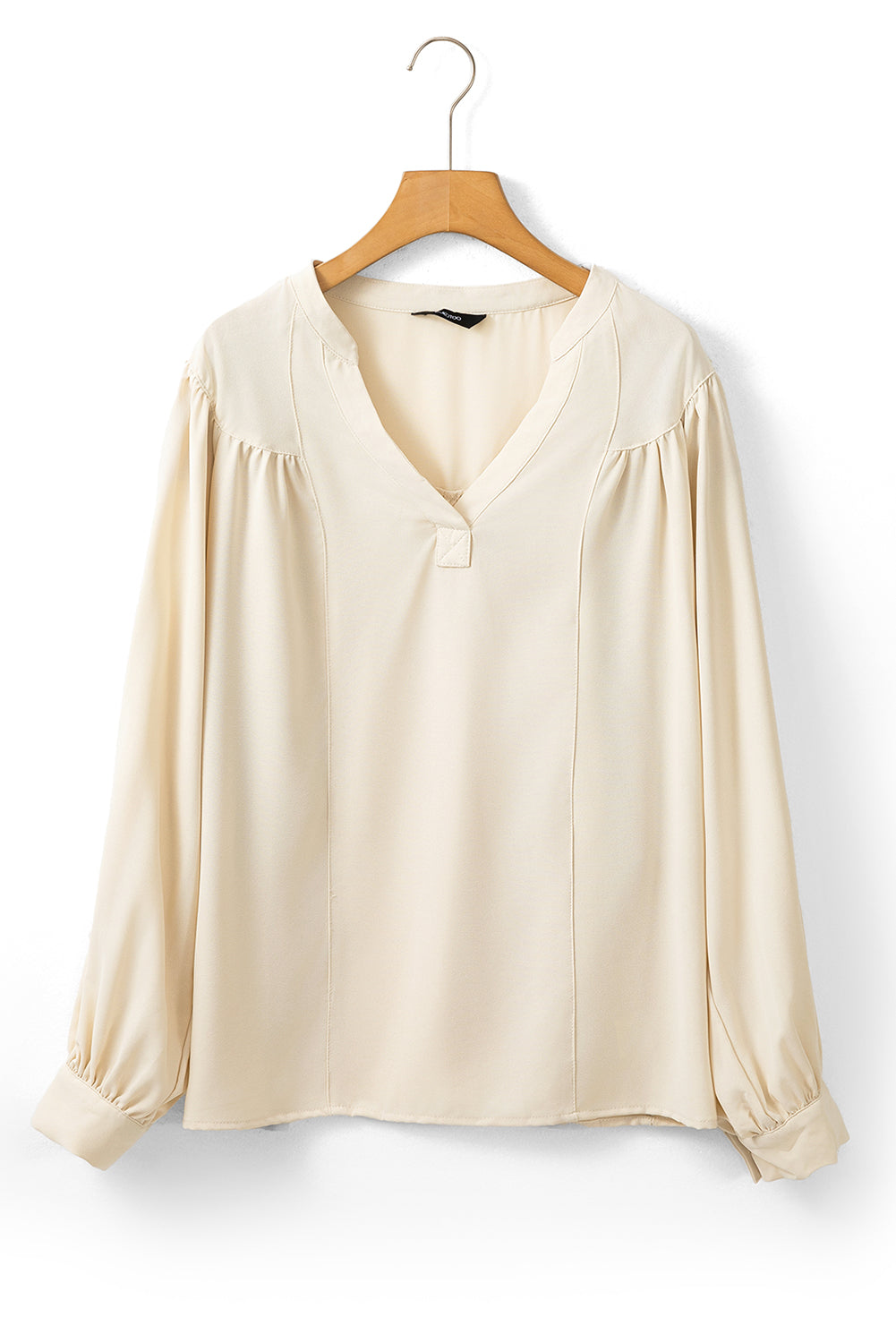 White Solid Color Lantern Sleeve Notched V Neck Blouse