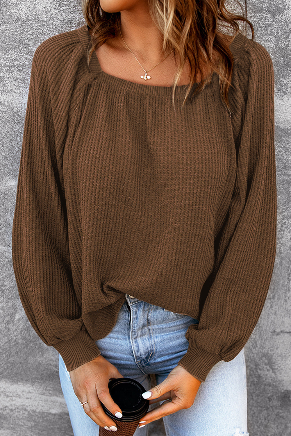 Black Waffle Textured Square Neck Bishop Sleeve Top