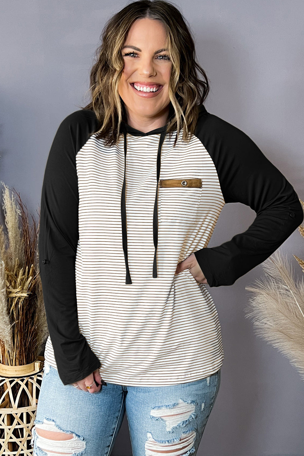 Black Striped Raglan Sleeve Pocket Plus Size Hoodie