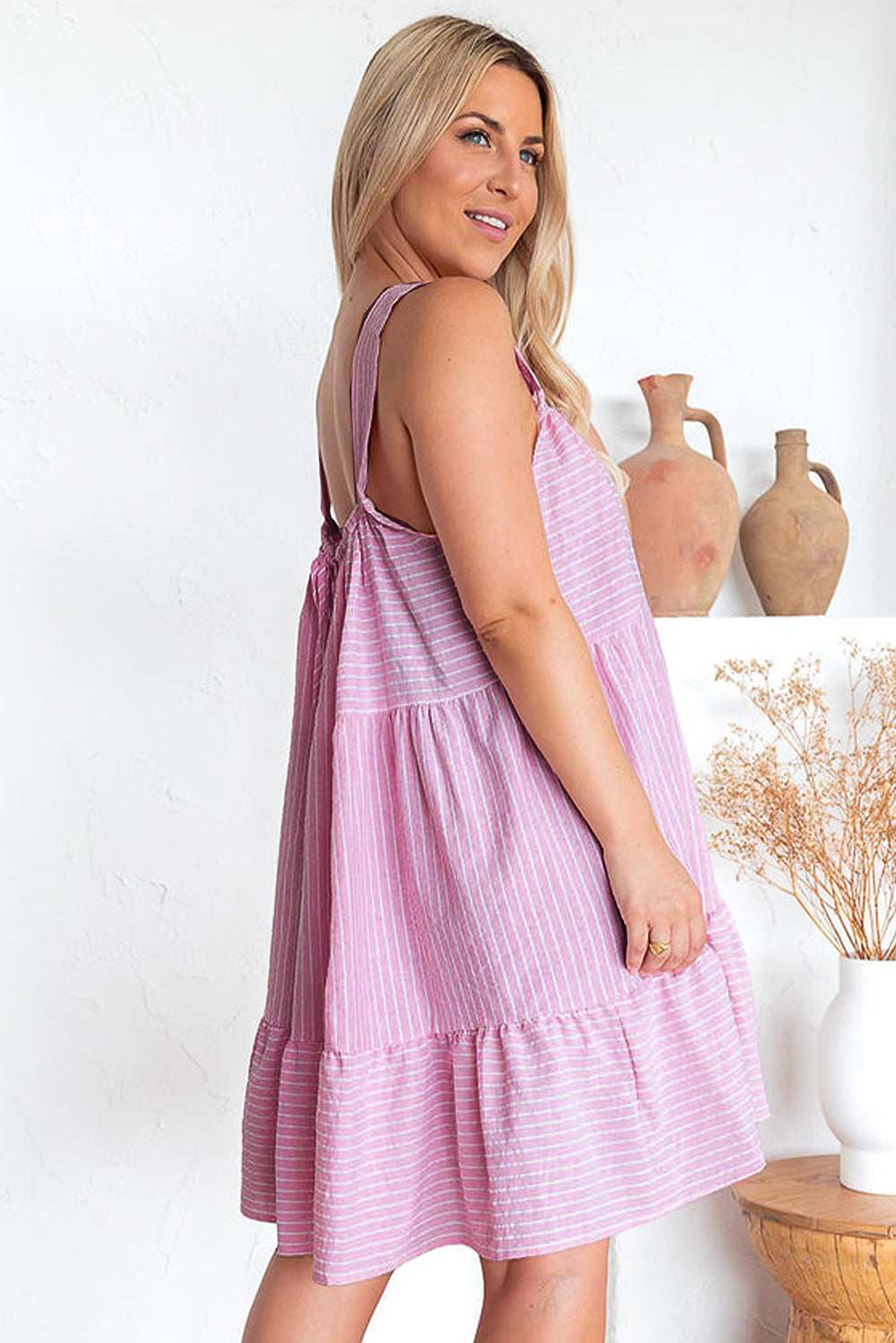 Pink Striped Ruffle Hem Sleeveless Mini Flared Dress