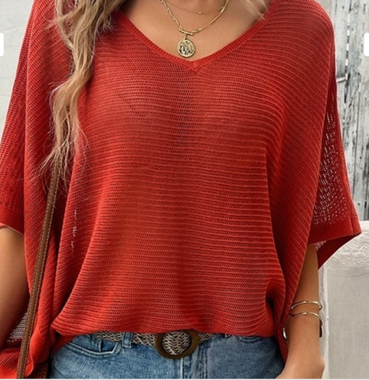 Loose Fit Batwing Sleeve Rust  Top