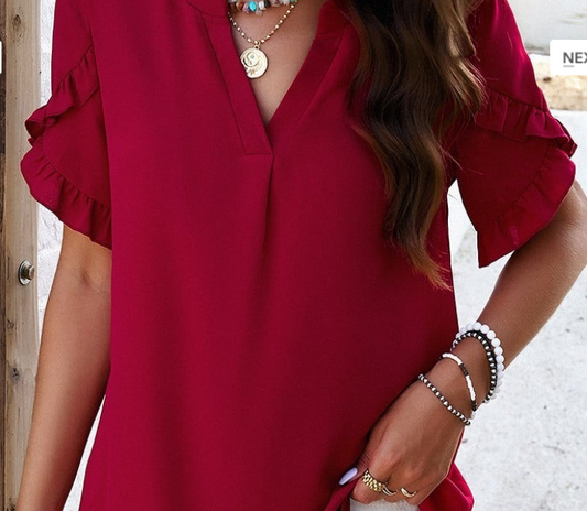 Solid Wine Colored Ruffle Sleeve Blouse