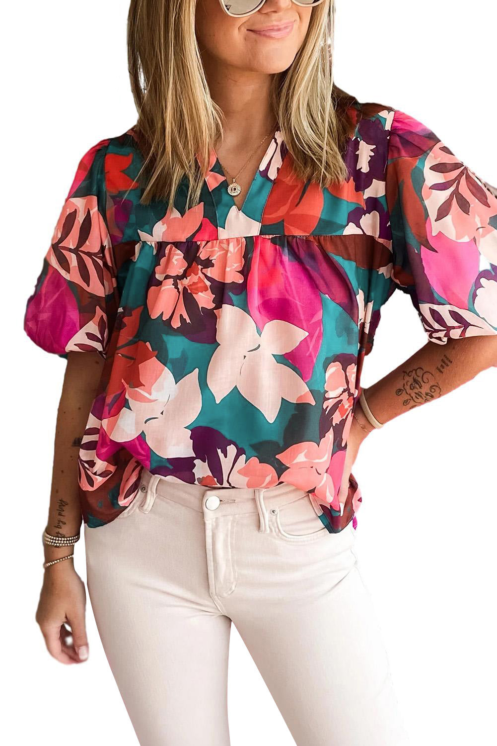 Wholesale Rose Red Floral Print V Neck Lantern Sleeve Blouse