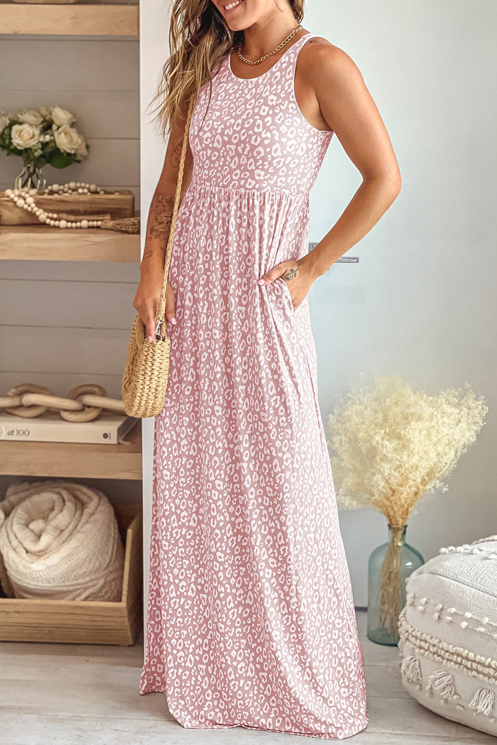 Rose Pink Leopard Pocketed Maxi Tank Dress