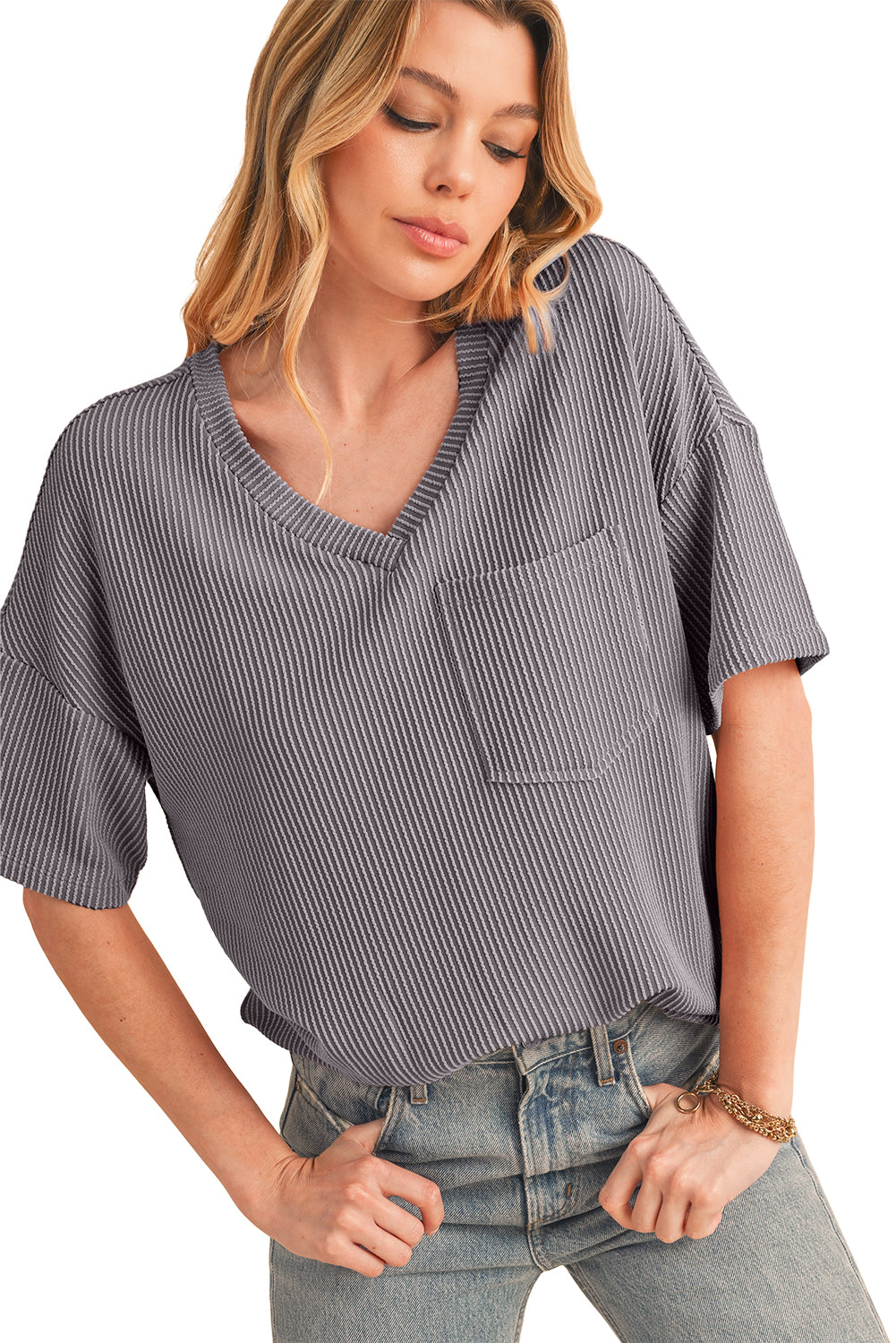 Valerian Ribbed V Neck Pocket Drop Sleeve T-Shirt