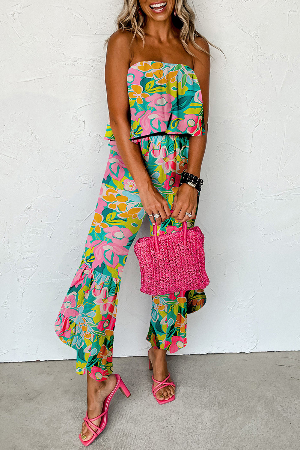 Blue Boho Tropical Print Ruffle Overlay Strapless Flared Jumpsuit