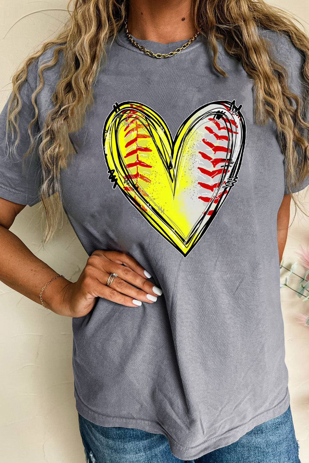 Gray Baseball Heart Shape Graphic Crew Neck T Shirt