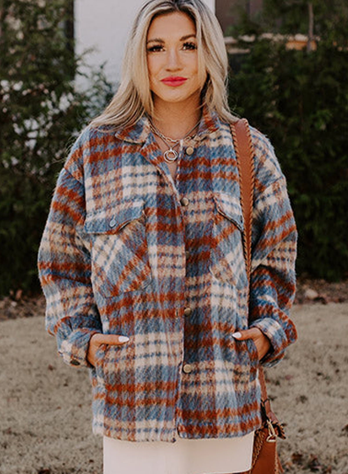 Mist Green Plaid Print Chest Pockets Turn Down Collar Shacket