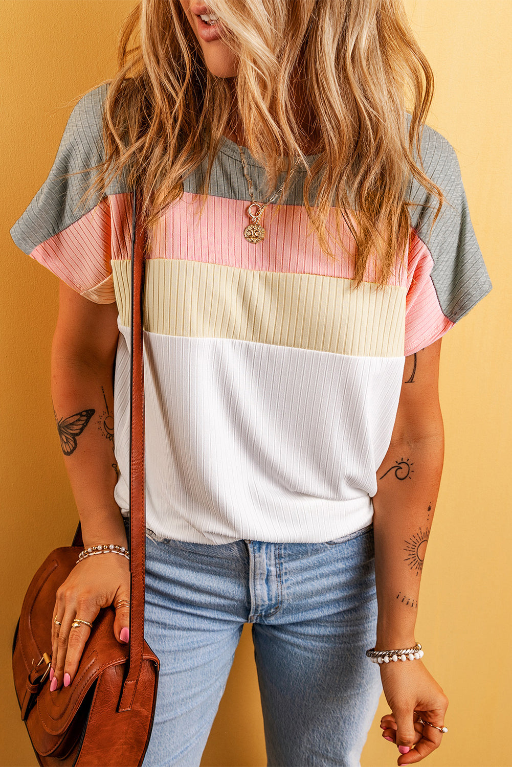 White Ribbed Color Block Patchwork T shirt