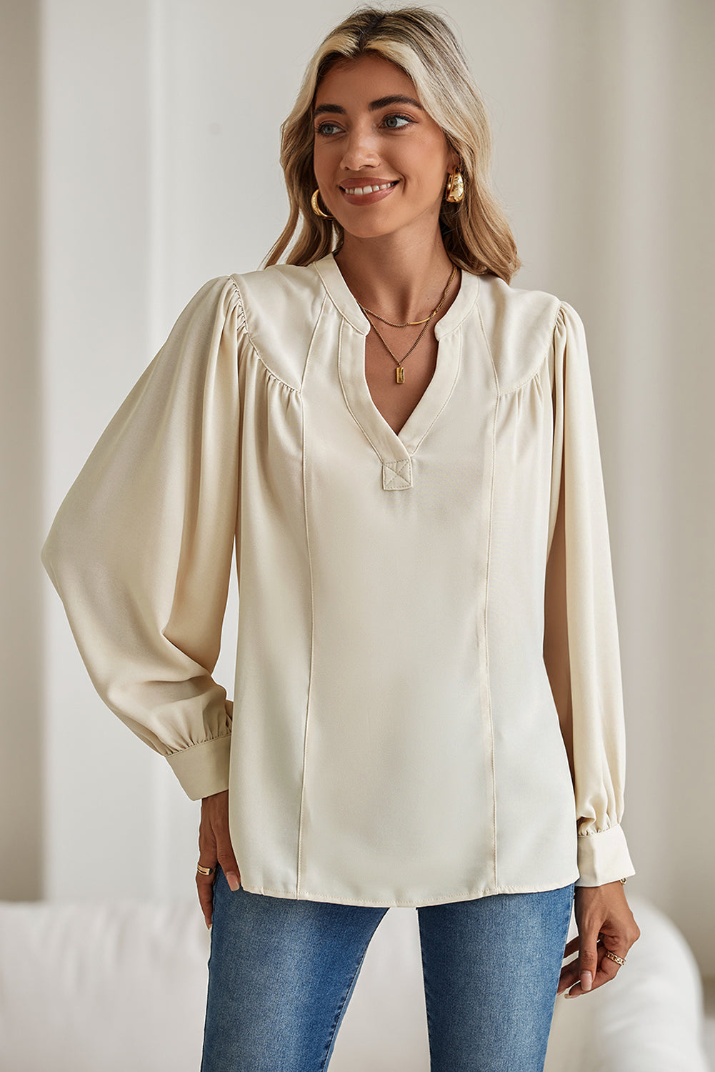 White Solid Color Lantern Sleeve Notched V Neck Blouse