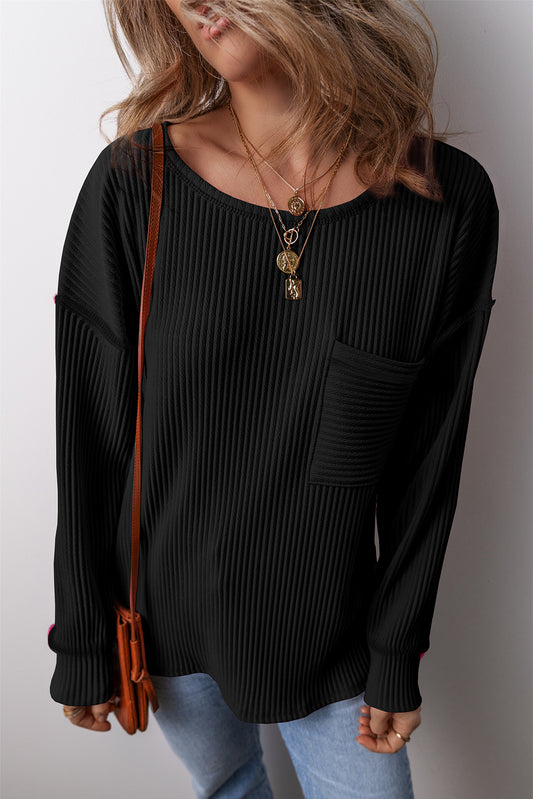 Black Pocketed Ribbed Long Sleeve Top