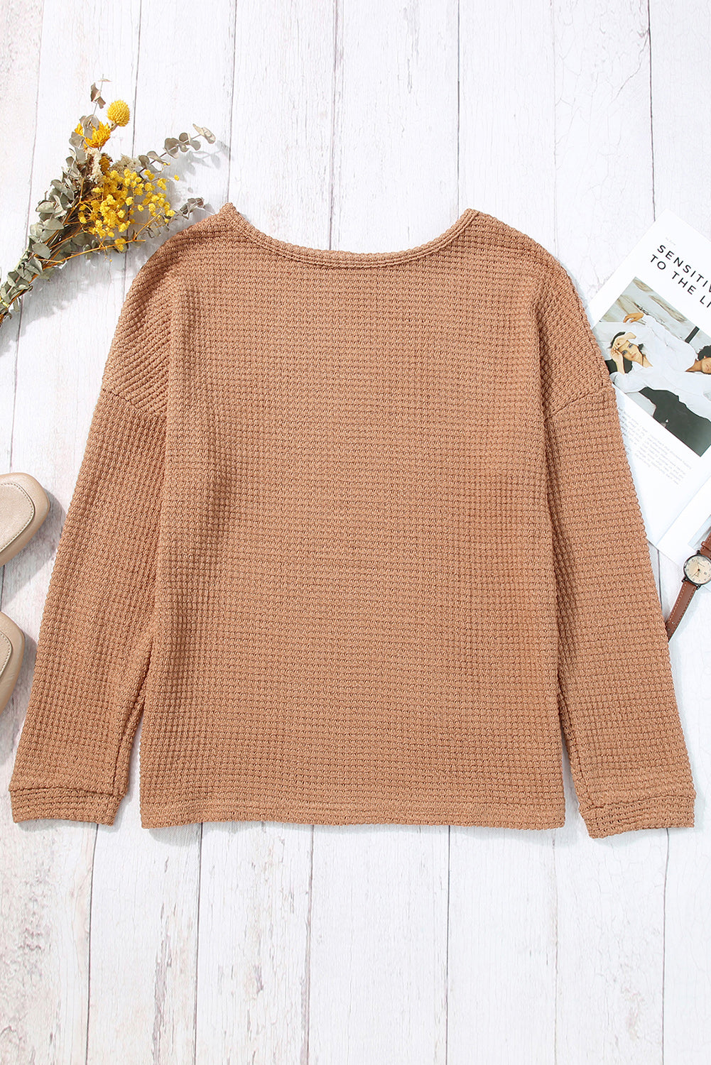 Green Waffle Knit Drop Shoulder Long Sleeve Top