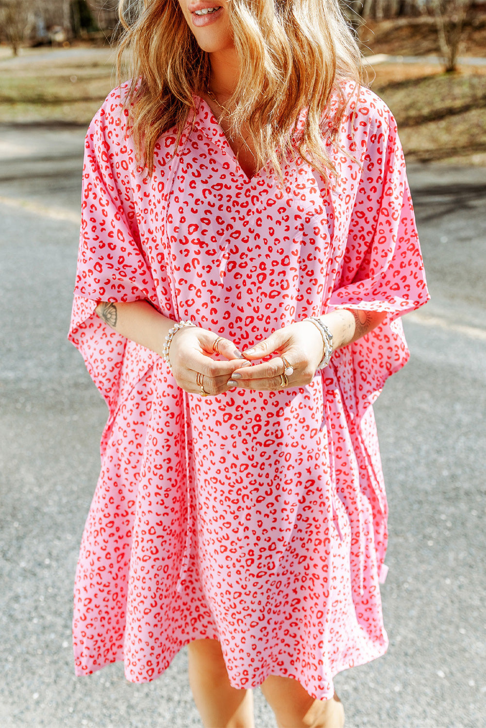 Khaki Casual Leopard Print Keyhole Short Sleeve Dress