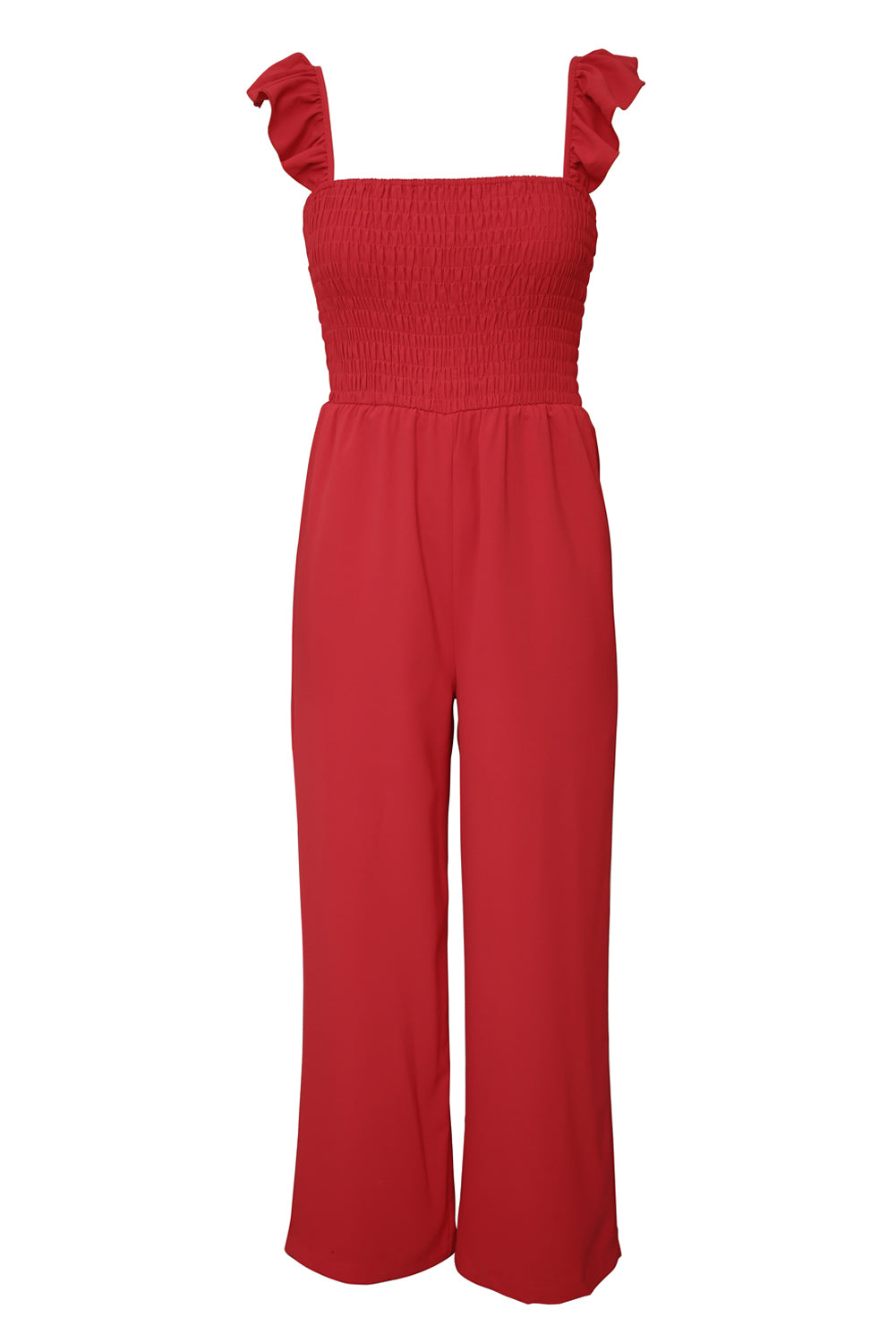 Red Smocked Ruffle Strap Pocket Wide Leg Jumpsuit