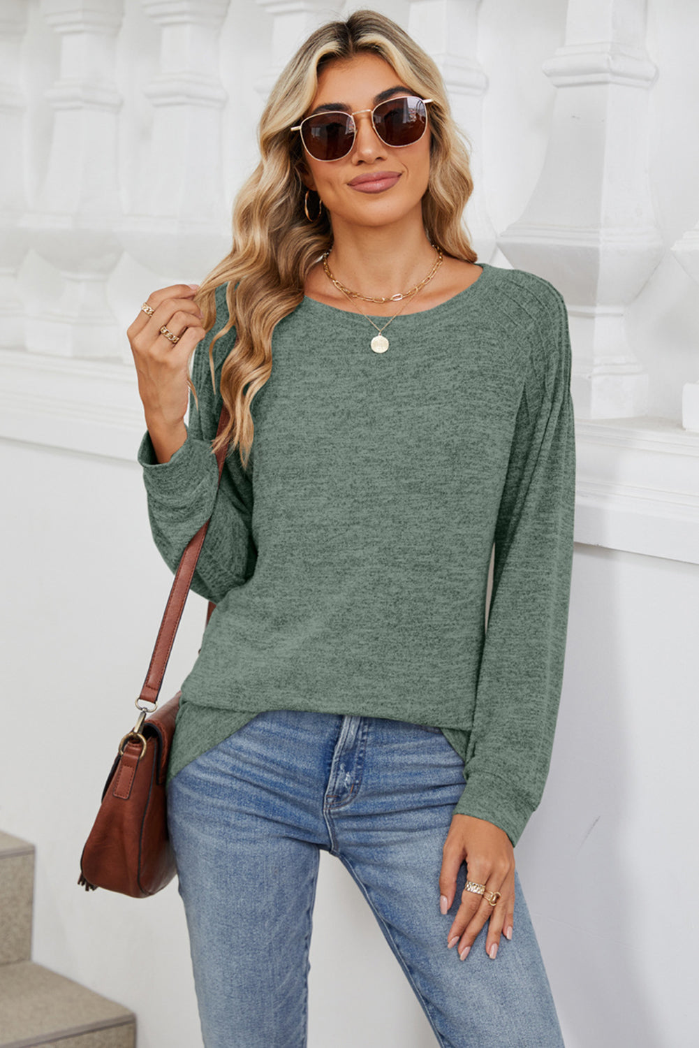 Green Bay Round Neck Pleated Long Sleeve Top