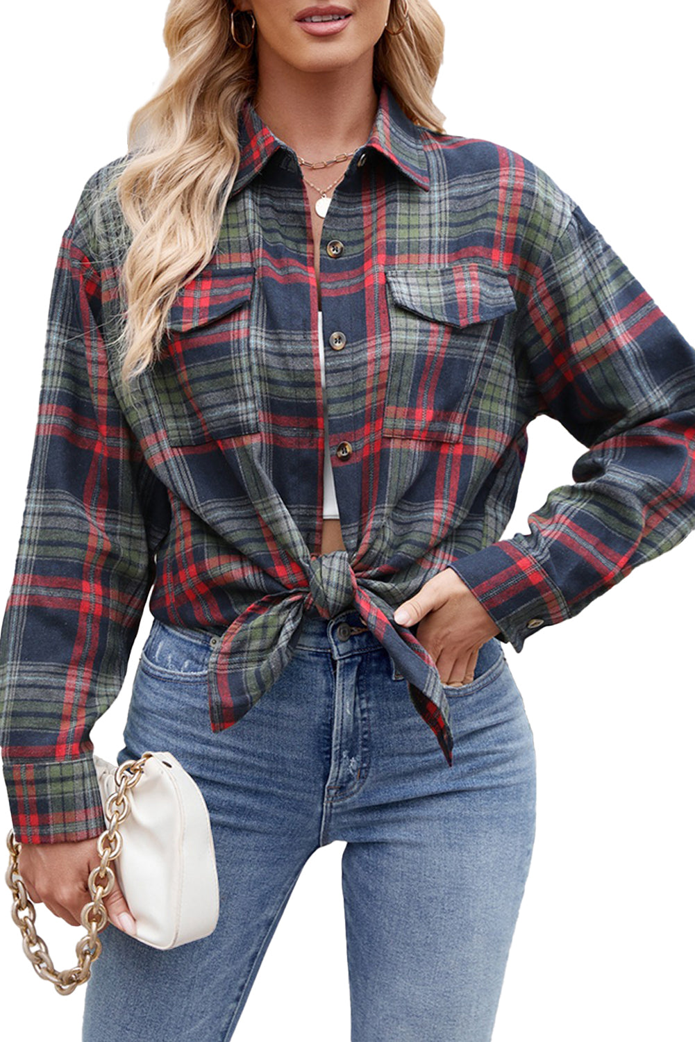 Red Plaid Chest Pocket Button Front Shirt