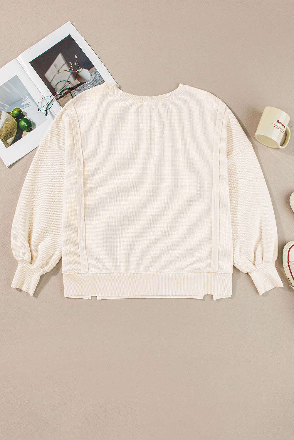 White Waffle Bishop Sleeve Split Oversized Sweatshirt