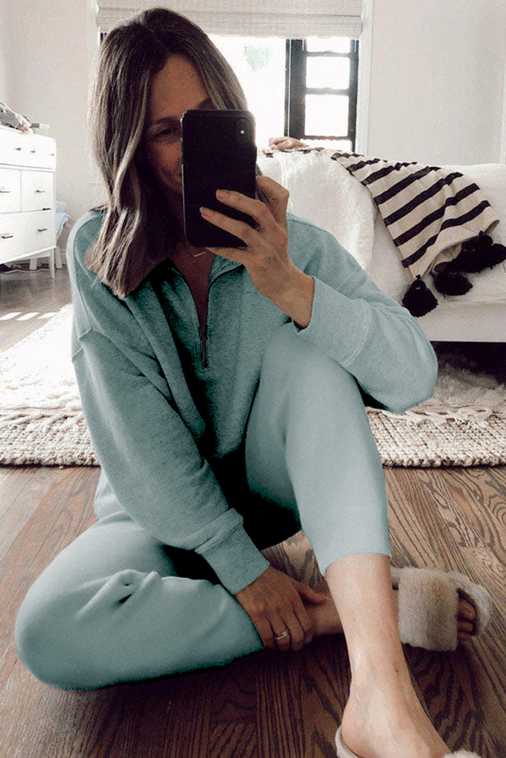 Blue Solid Color Half Zipped Top and Drawstring Pants Loungewear Set