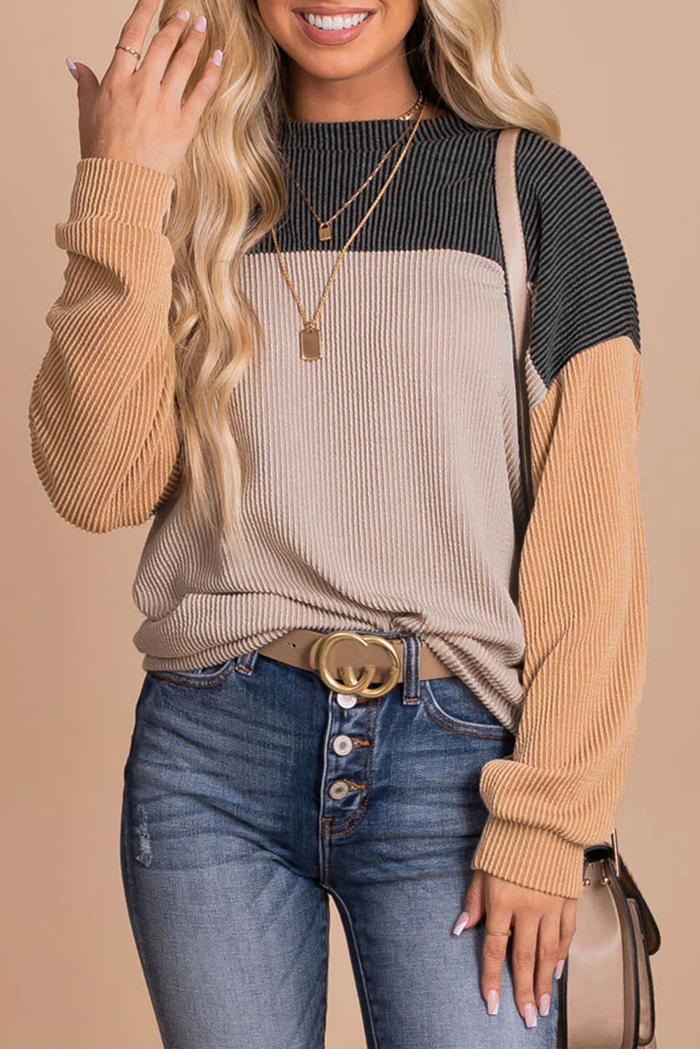 Dark Green Color Block Cording Loose Long Sleeve Top