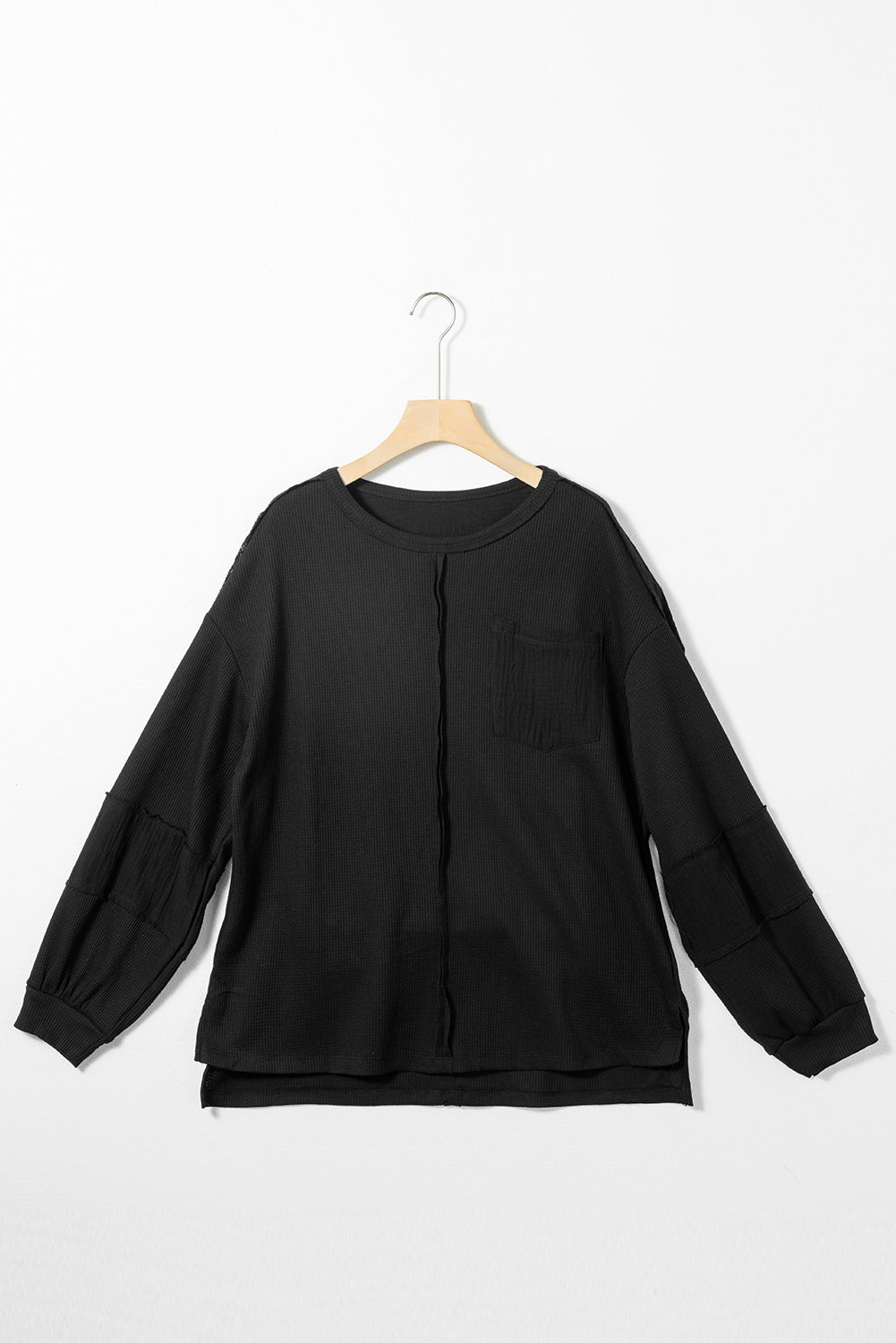 Black Waffle and Crinkle Long Sleeve Top