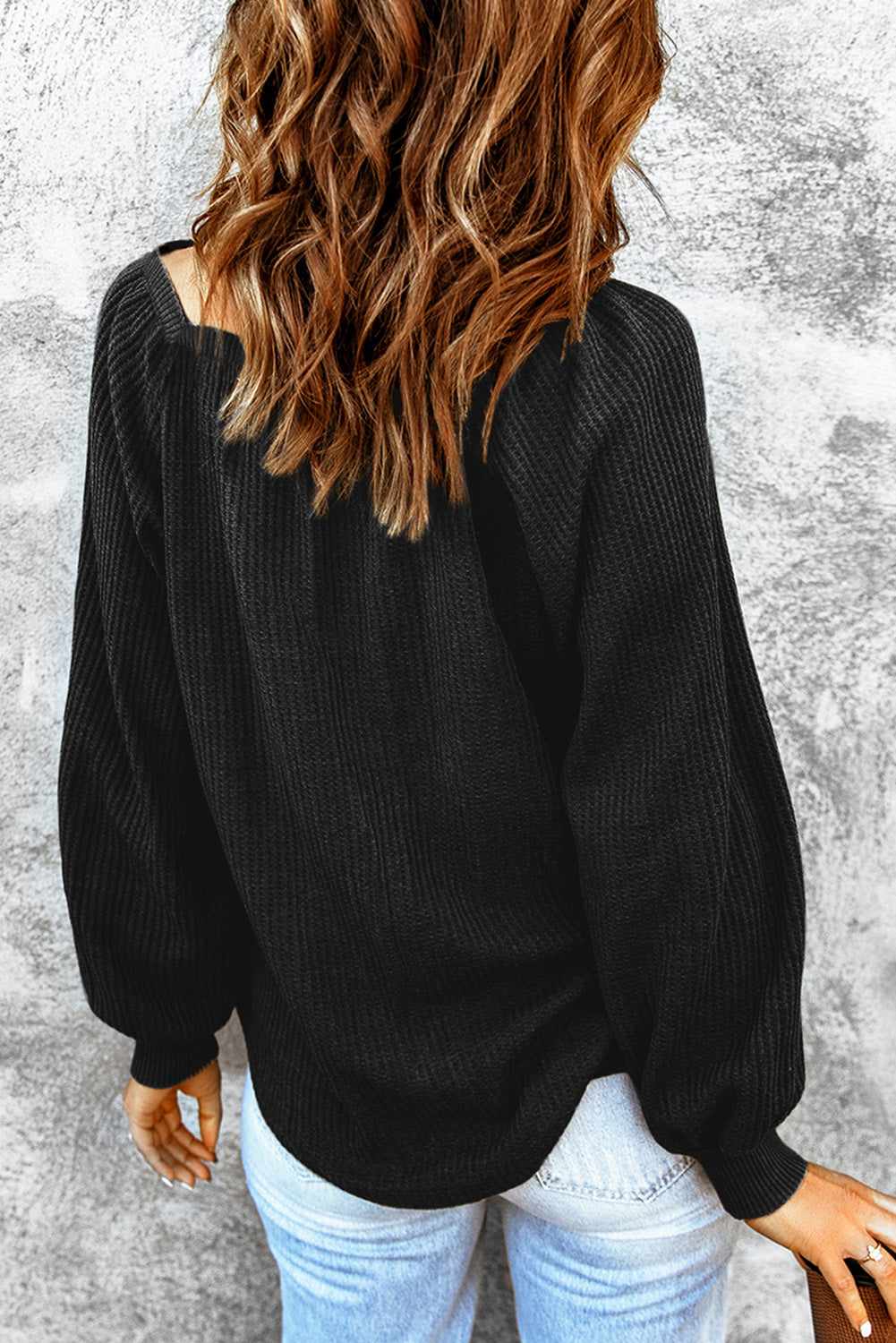 Black Waffle Textured Square Neck Bishop Sleeve Top