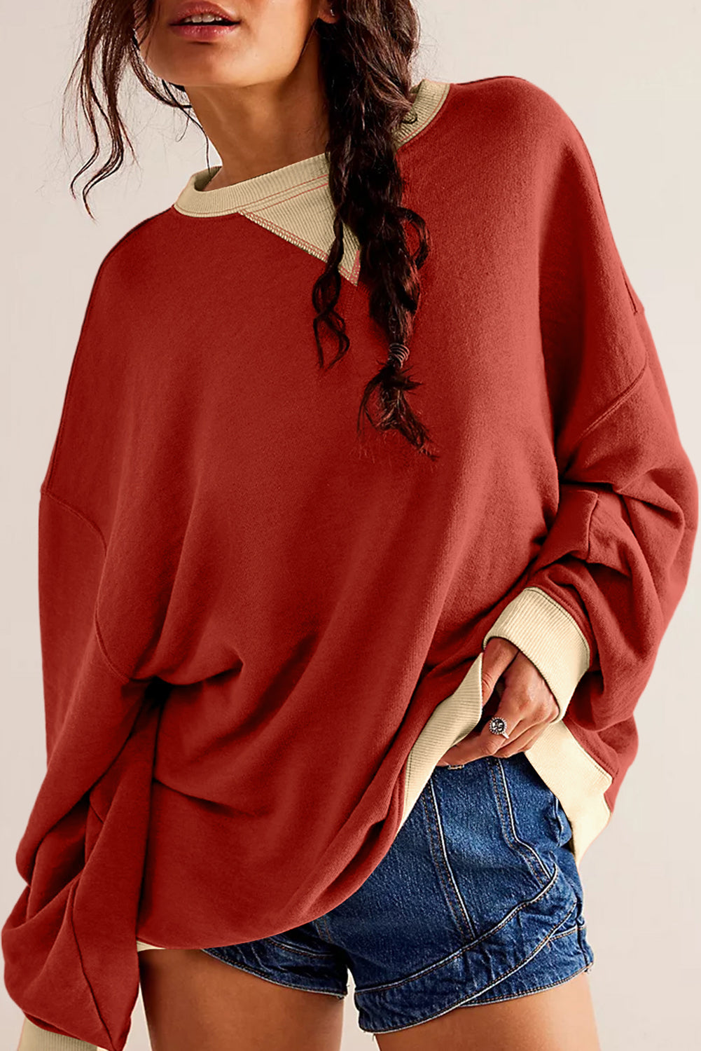 White Color Block Drop Shoulder Crewneck Oversized Sweatshirt