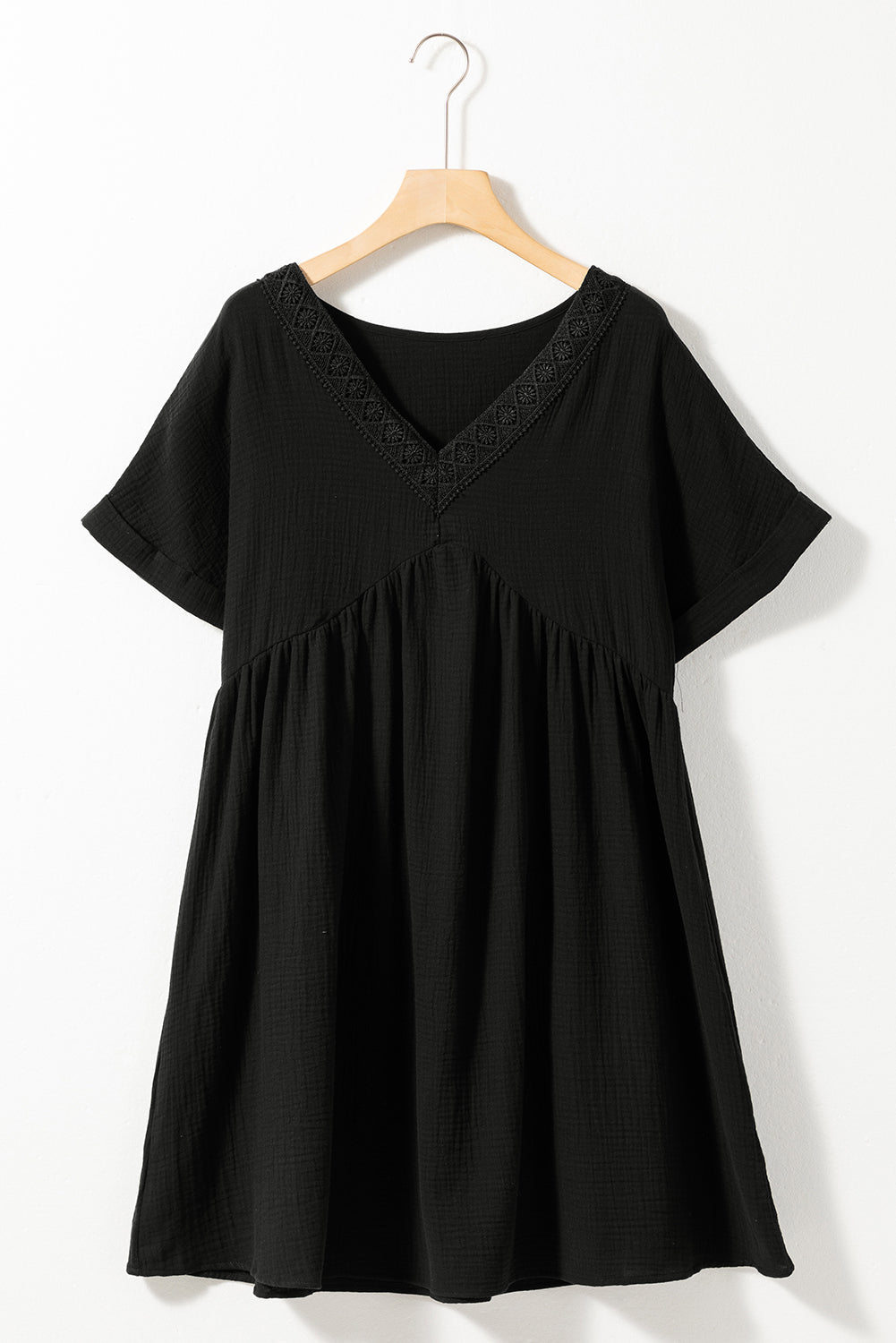 Wholesale Black Folded Short Sleeve Lace V Neck Mini Dress