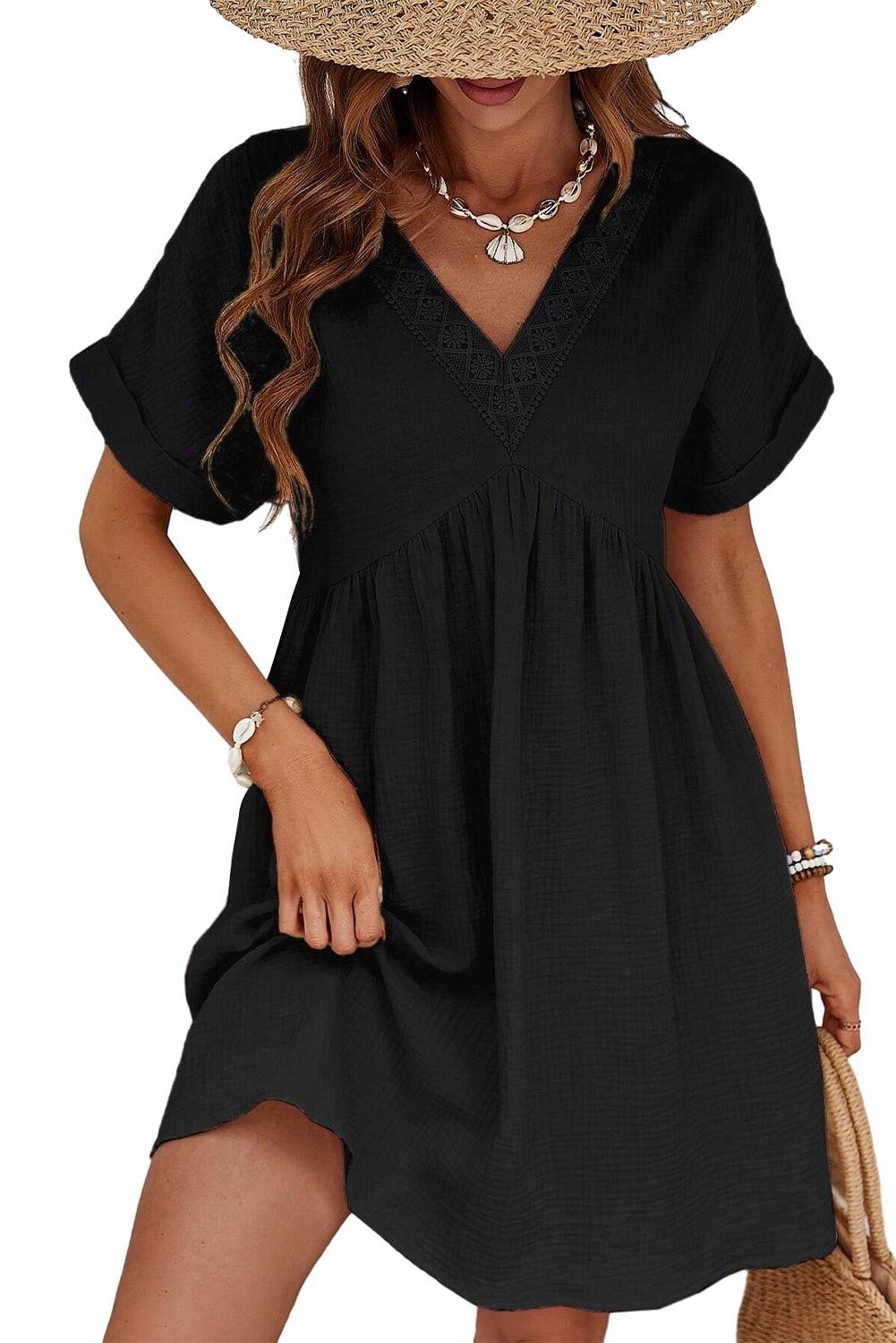 Wholesale Black Folded Short Sleeve Lace V Neck Mini Dress