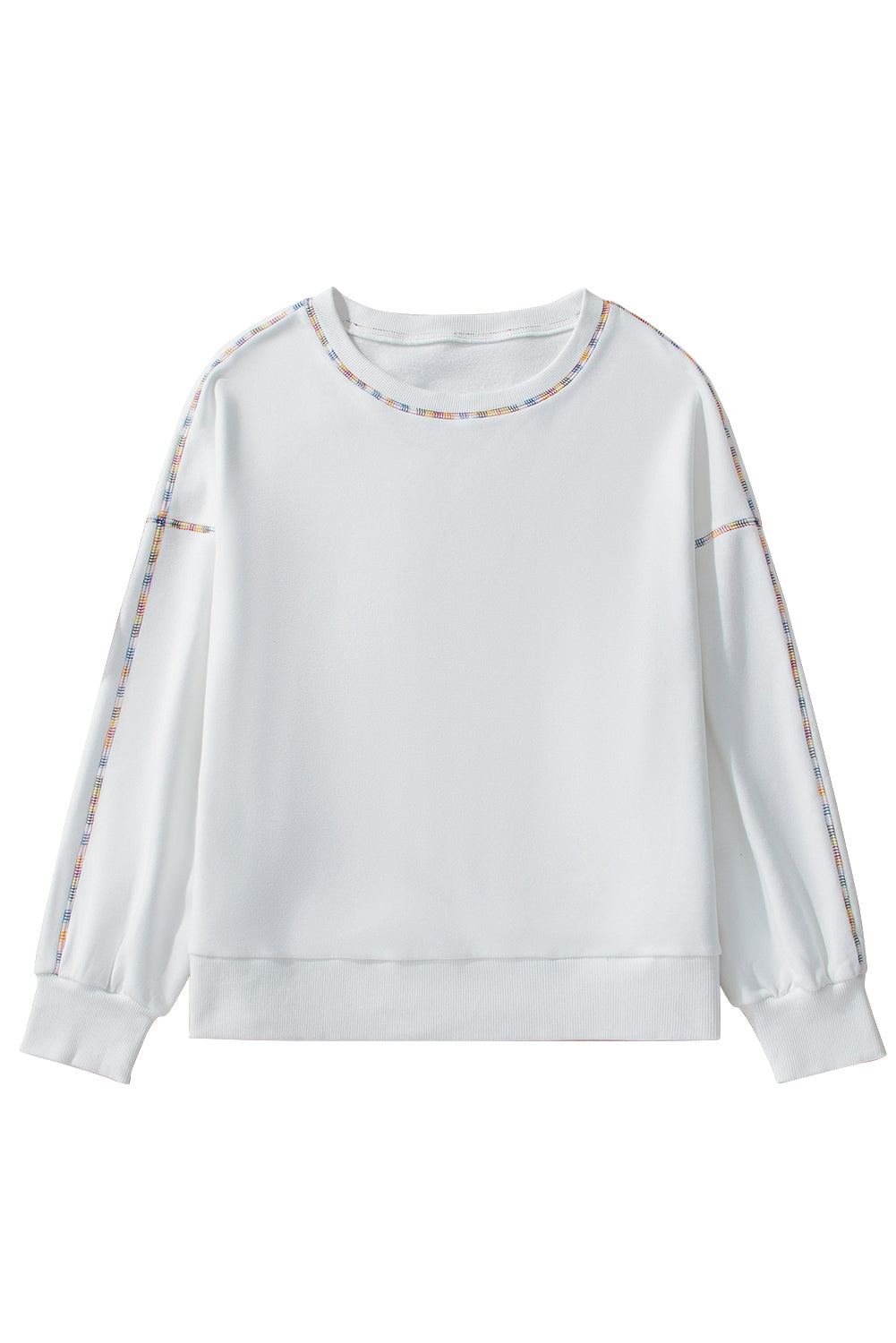 White Contrast Rainbow Trim Drop Shoulder Pullover Sweatshirt