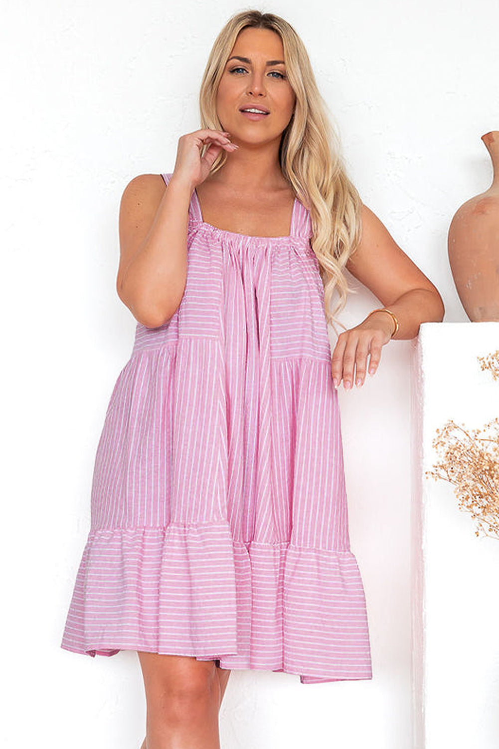 Pink Striped Ruffle Hem Sleeveless Mini Flared Dress