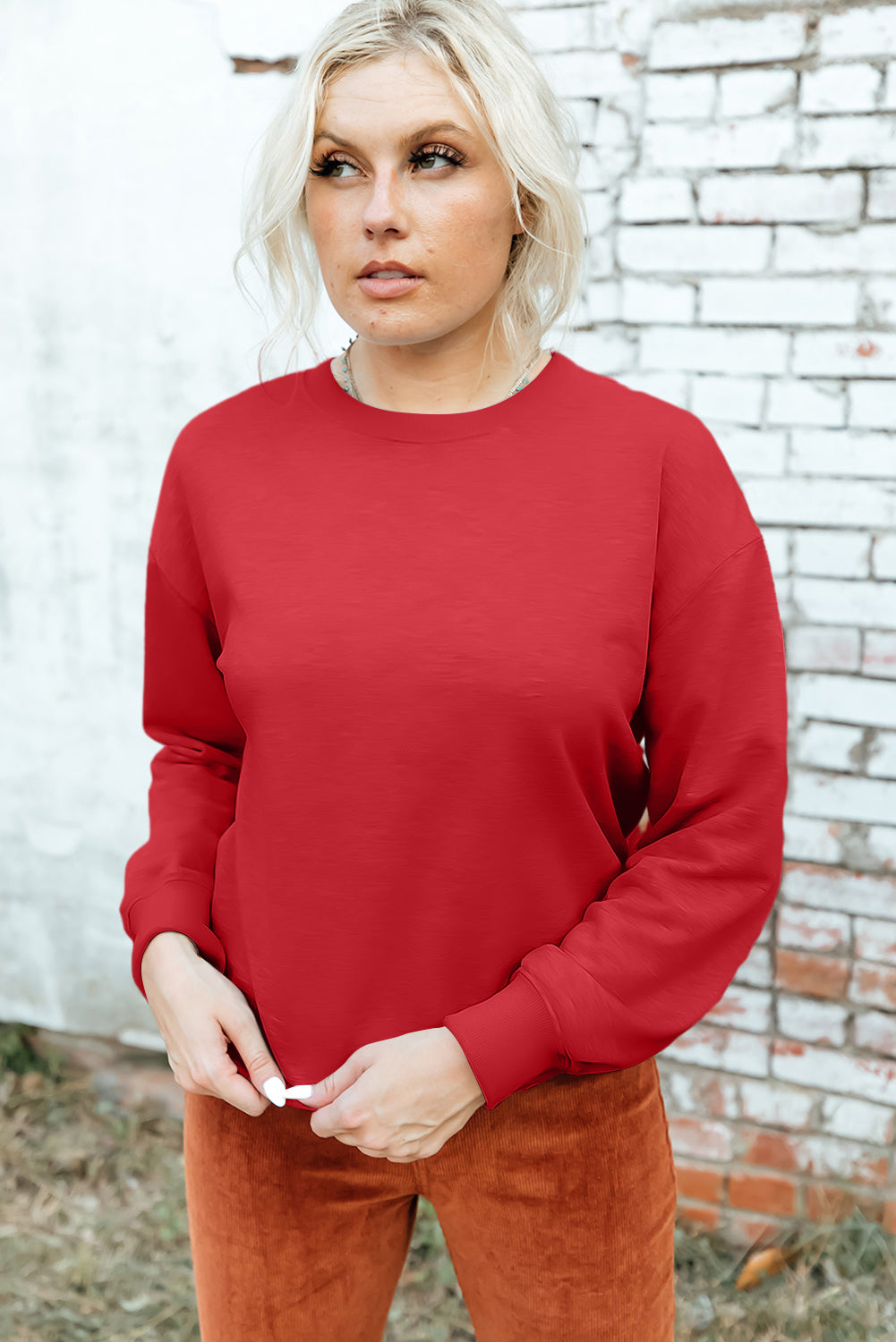 Red Solid Color Classic Crewneck Pullover Sweatshirt