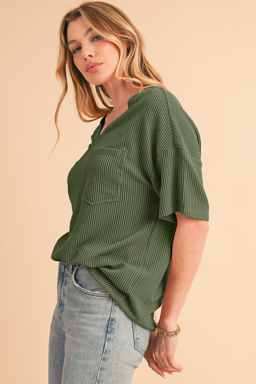 Valerian Ribbed V Neck Pocket Drop Sleeve T-Shirt