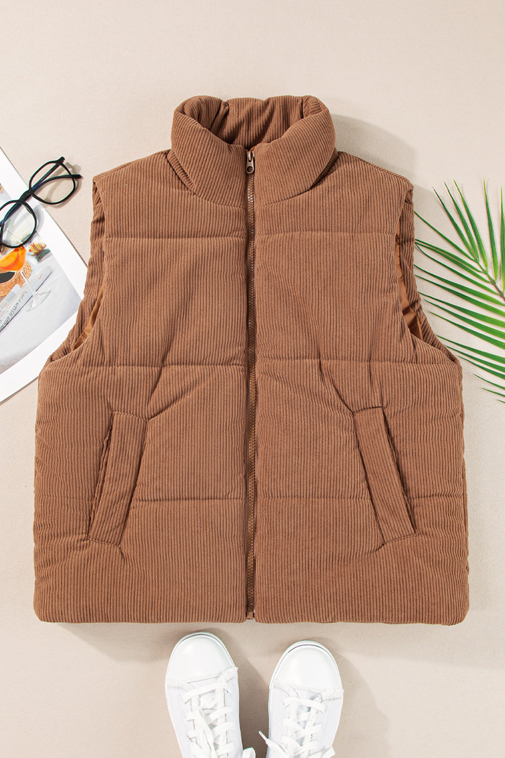 Black Solid Color Corduroy Puffer Vest Coat