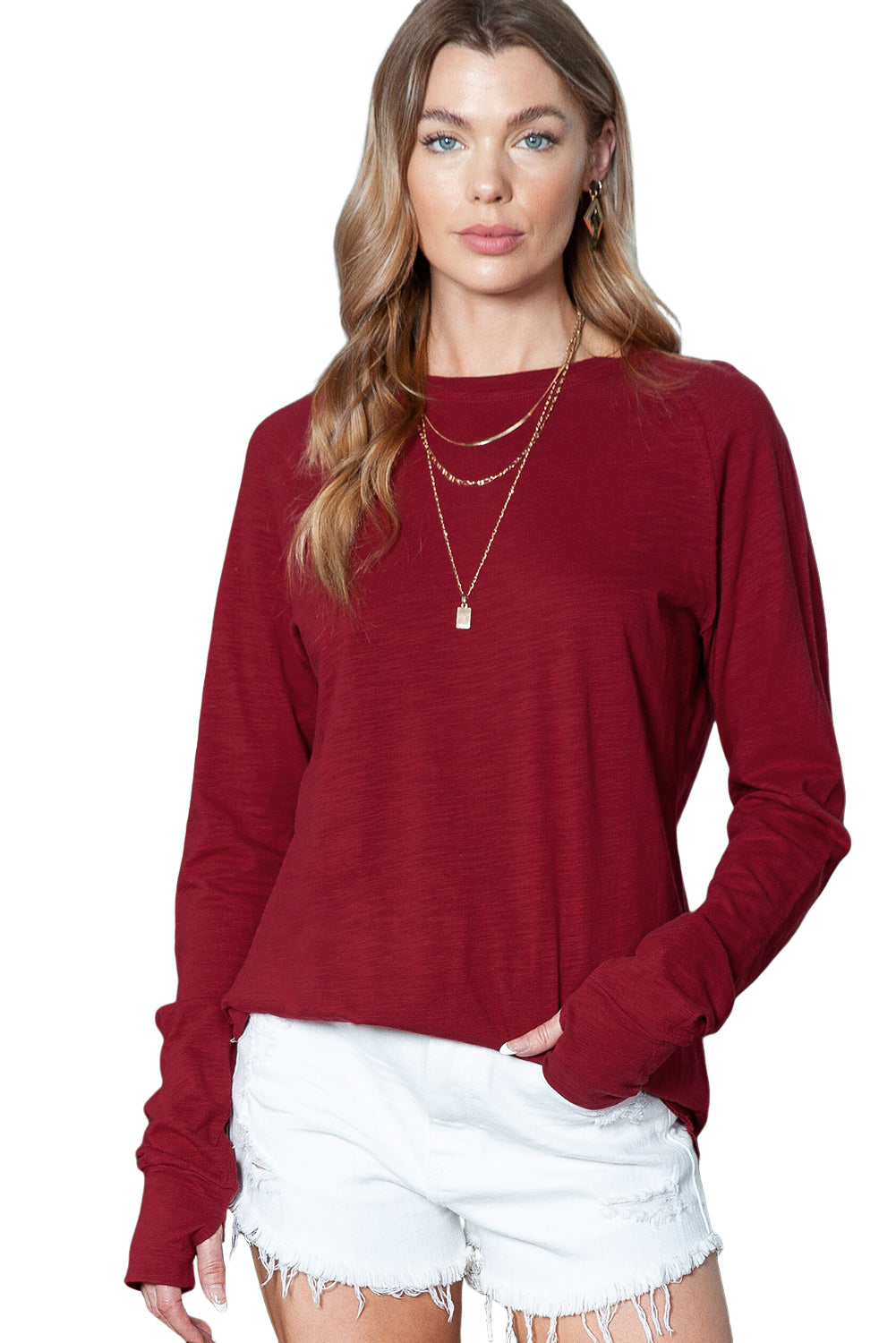 Dark Red Plain Thumbhole Long Sleeve Top