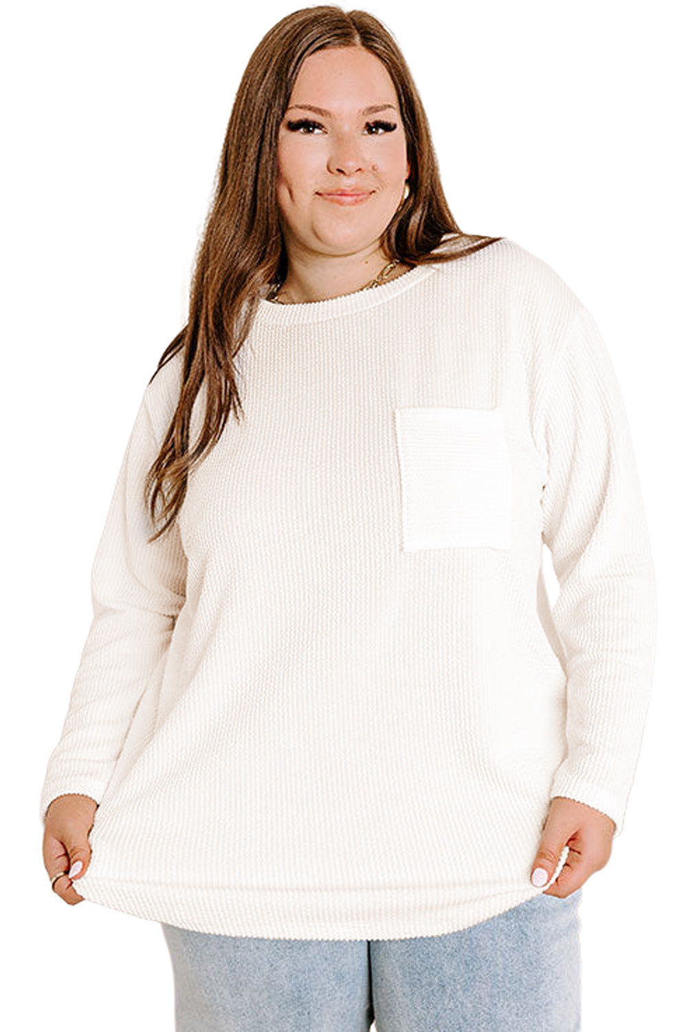 White Plus Size Ribbed Textured Pocketed Long Sleeve Top