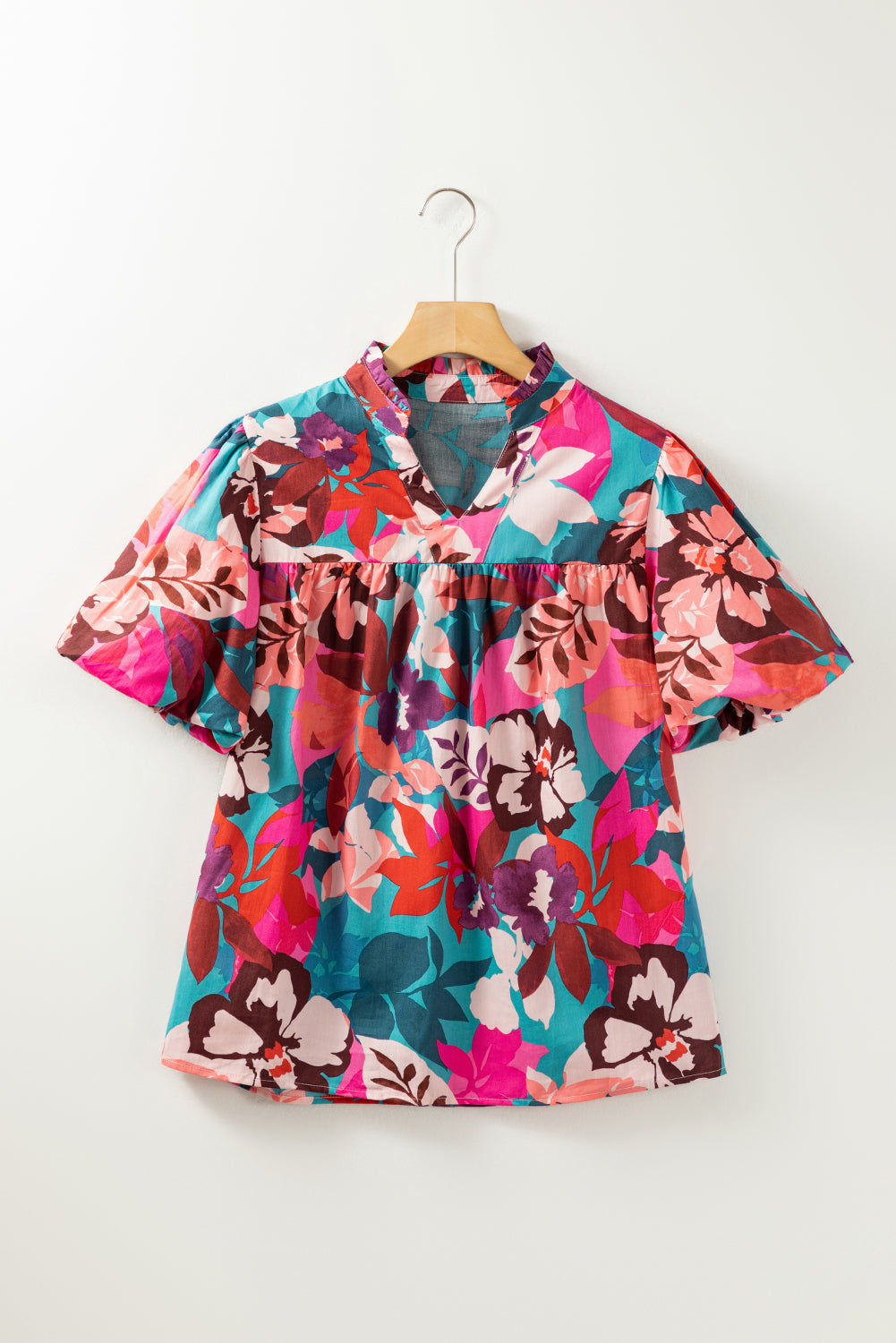 Wholesale Rose Red Floral Print V Neck Lantern Sleeve Blouse