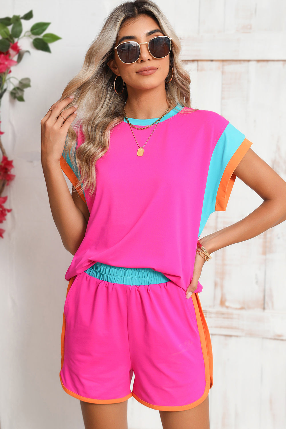 Peach Blossom Color Block Loose Fit Top & Elastic Waist Shorts Set