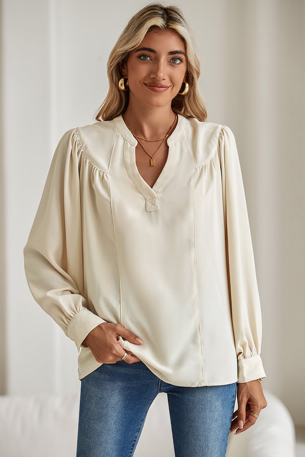 White Solid Color Lantern Sleeve Notched V Neck Blouse