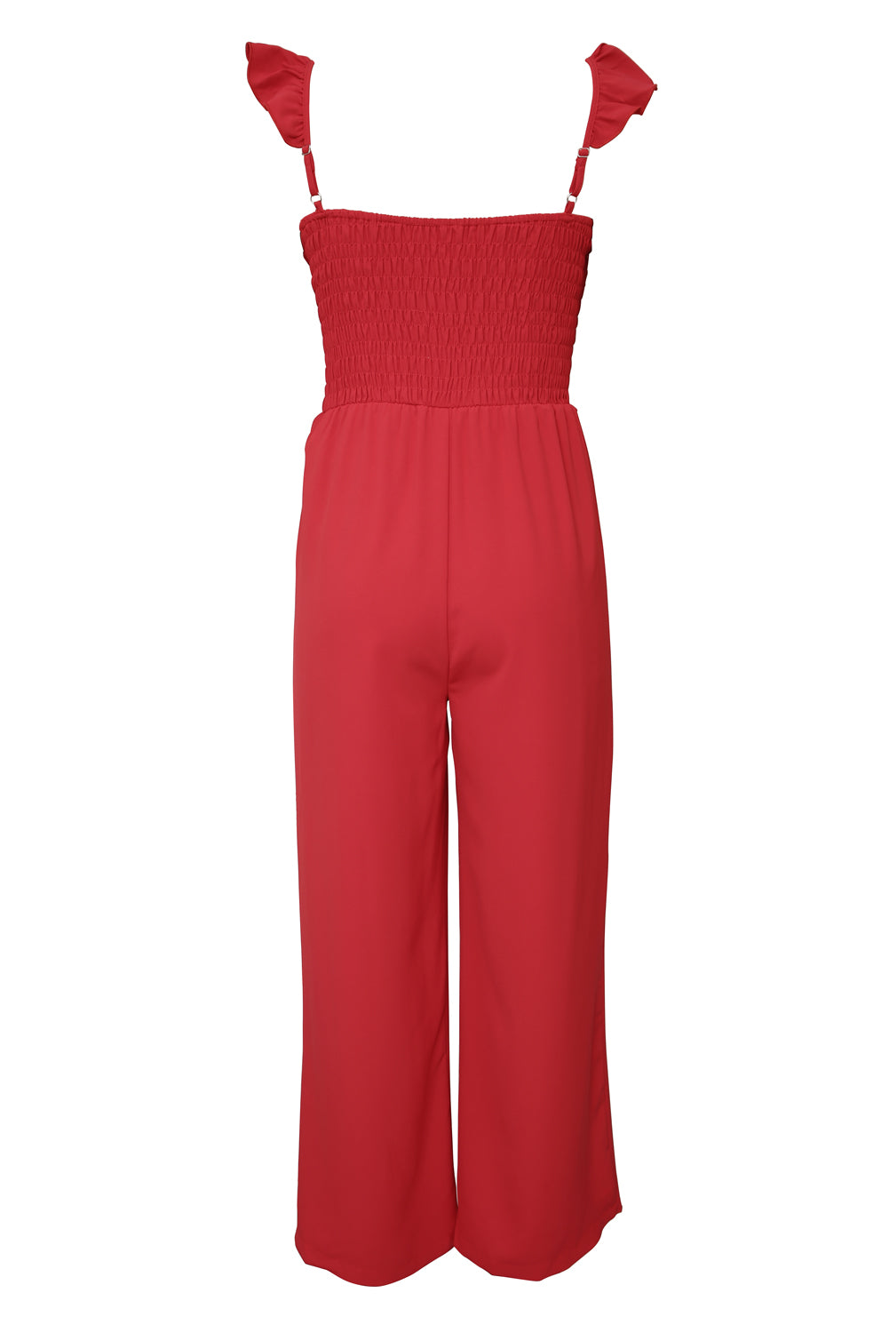 Red Smocked Ruffle Strap Pocket Wide Leg Jumpsuit