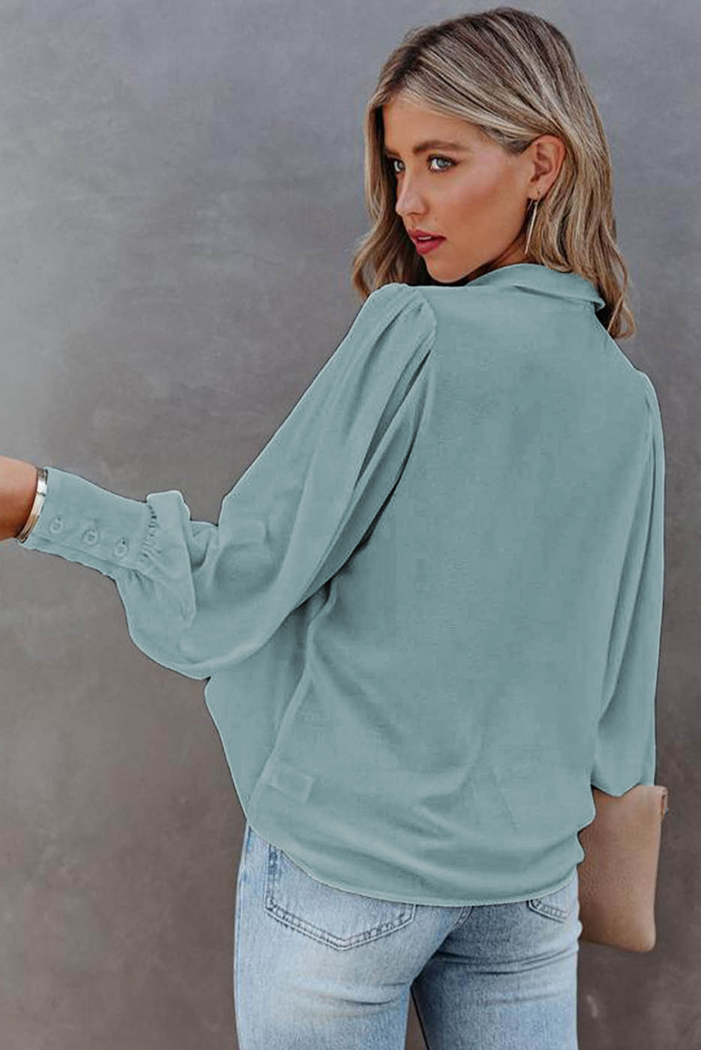 Light Blue Solid Color Button Up Puff Sleeve Casual Pleated Shirt