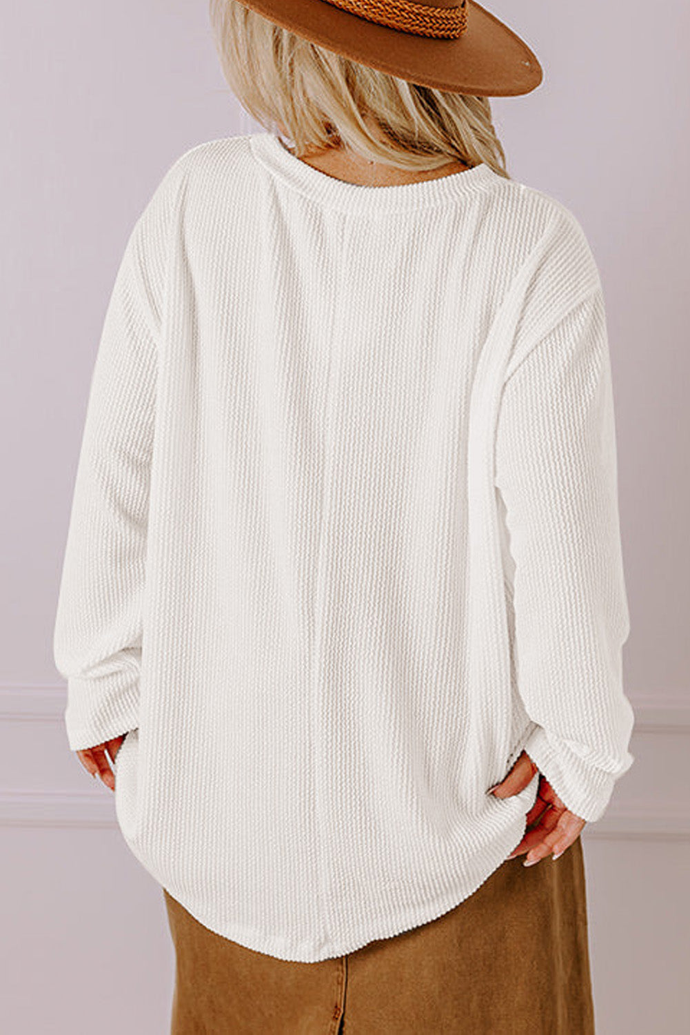 White Plus Size Ribbed Textured Pocketed Long Sleeve Top