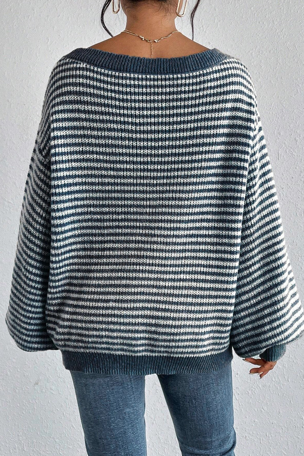 Sail Blue Striped Drop Shoulder Lantern Sleeve Sweater