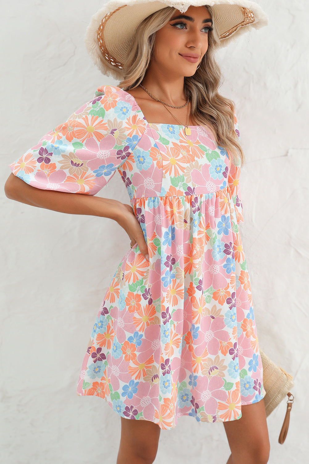 Pink Summer Floral Square Neck Puff Sleeve Babydoll Dress