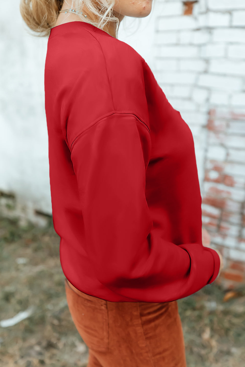 Red Solid Color Classic Crewneck Pullover Sweatshirt