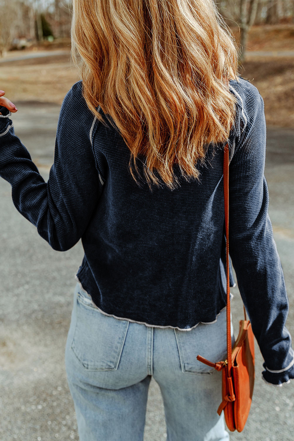 Red Exposed Seam Textured Pullover Long Sleeve Top