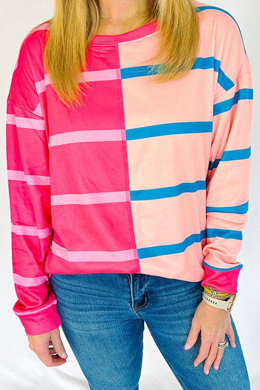 Rose Stripe Color Block Crewneck Long Sleeve Plus Size T Shirt