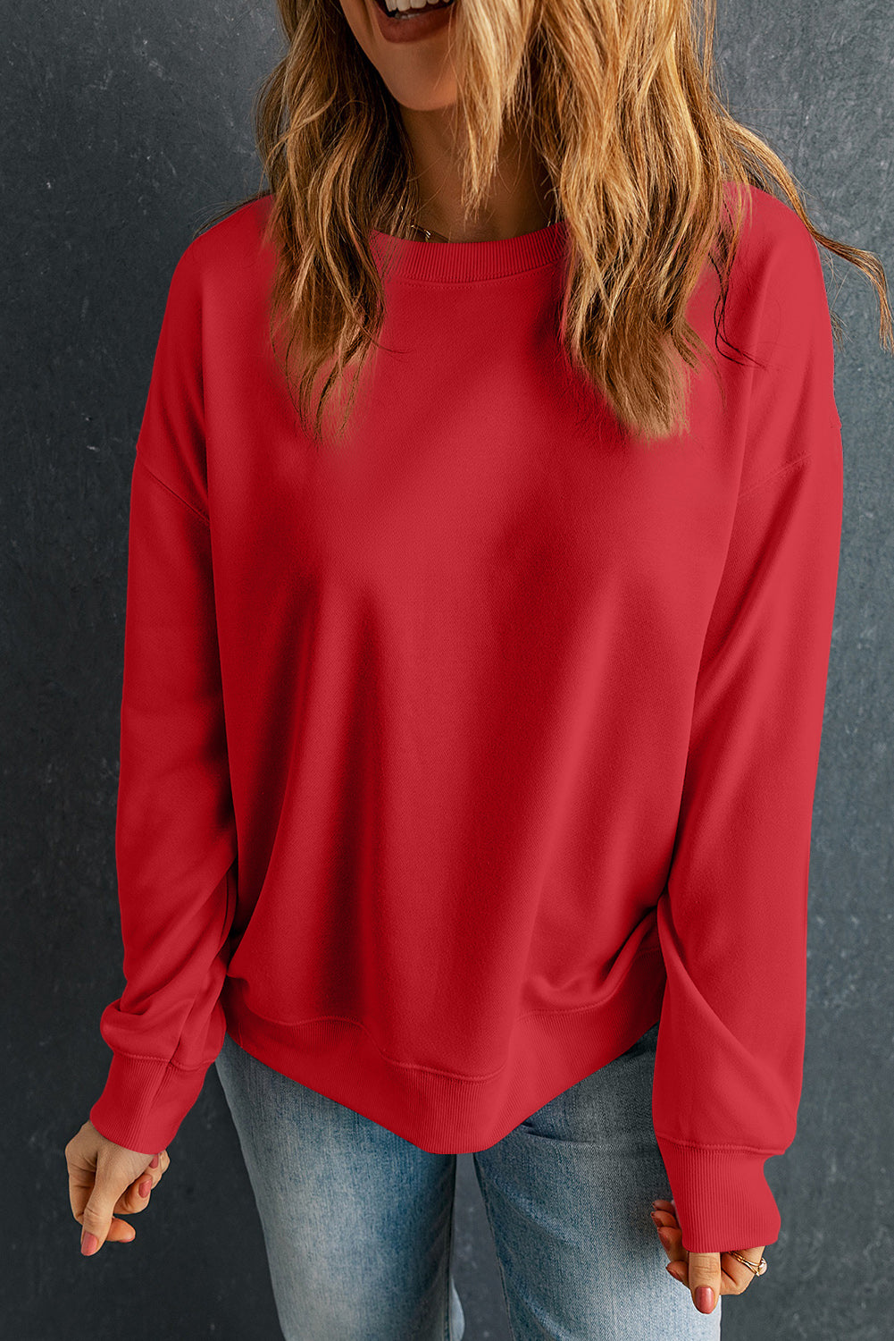 Red Solid Color Classic Crewneck Pullover Sweatshirt