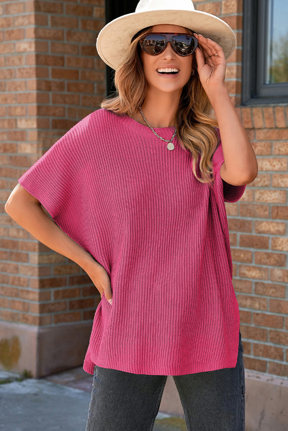 Rose Red Short Sleeve Side Slit Oversized Sweater